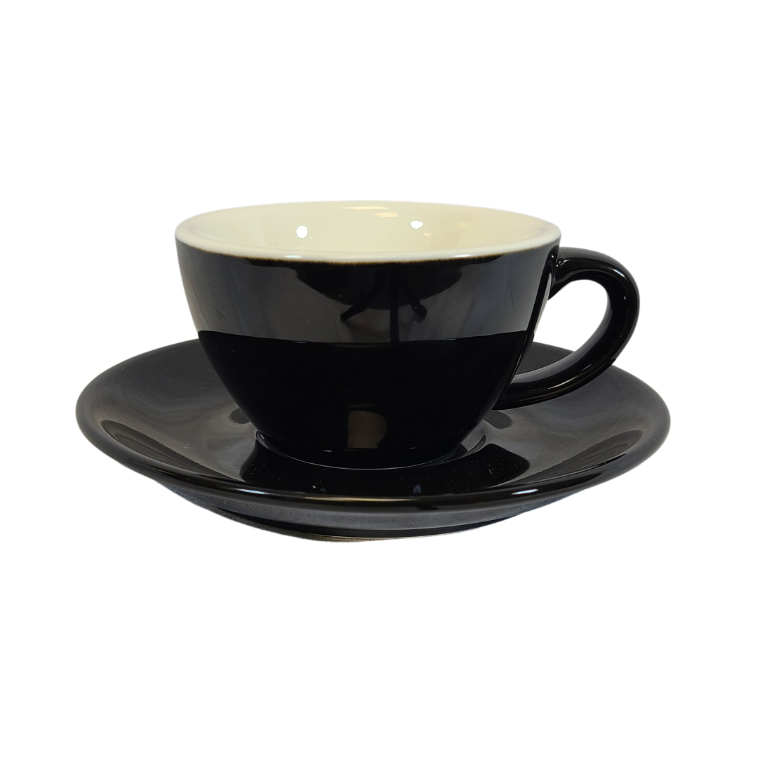 Coffee Addicts commercial ceramic cup with saucer in glossy black cappuccino cortado cup 5oz 150ml